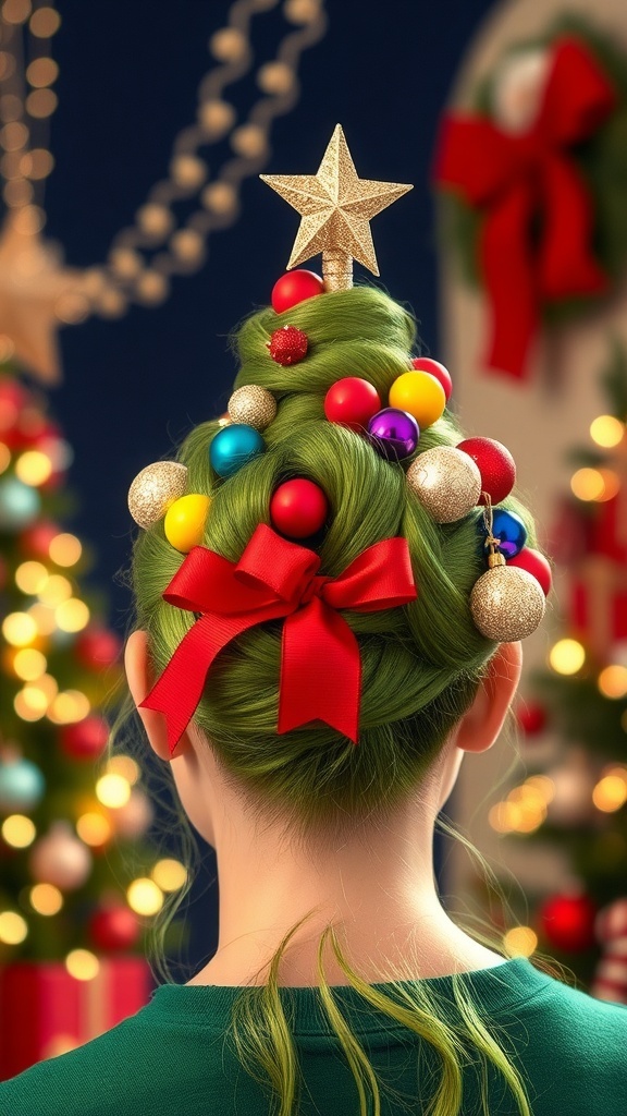Festive Christmas Tree Hair Tutorial A whimsical Christmas tree hair style with a bun decorated with ornaments and a star.